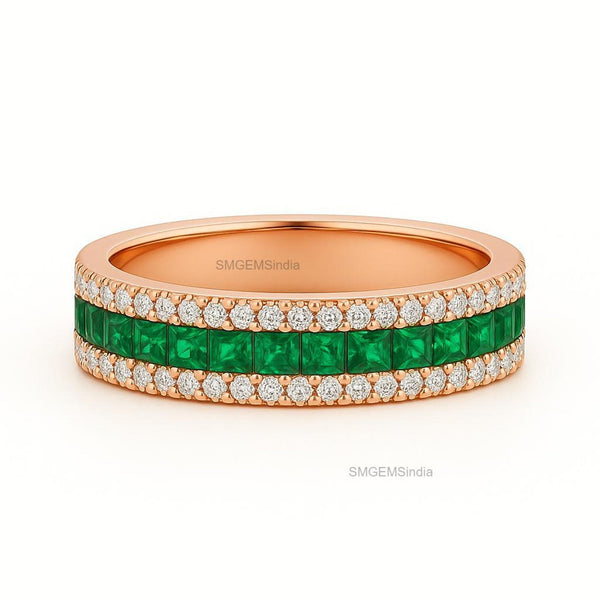 1.09 carat Princess Cut Natural Emerald & Diamond Eternity Band in 14k Gold