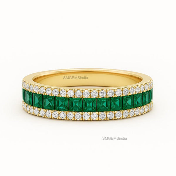 1.09 carat Princess Cut Natural Emerald & Diamond Eternity Band in 14k Gold