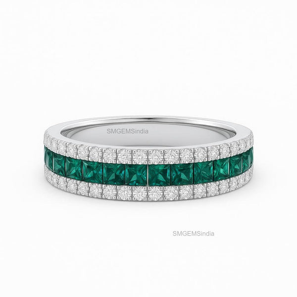 1.09 carat Princess Cut Natural Emerald & Diamond Eternity Band in 14k Gold