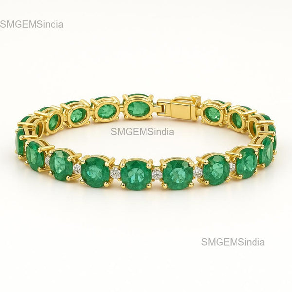 18K Gold Emerald Tennis Bracelet: Round Cut Zambian Emerald & Diamond