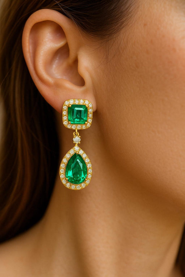 5.10 carat Luxury Emerald cut and Pear shaped Natural Emerald Teardrop Diamond Halo Earrings in Gold