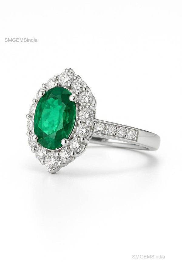 Oval cut Halo Ring Natural Green Emerald and Diamond Band in 14k Gold 4.50 carat Engagement ring