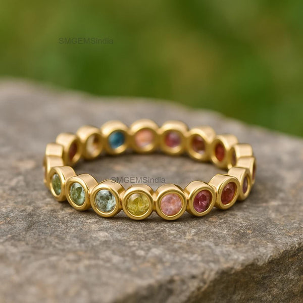 0.90 carat 14k Gold Rainbow Sapphire Eternity Band Ring Zambian Gemstone