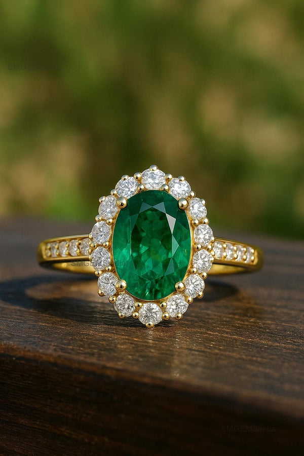 Oval cut Halo Ring Natural Green Emerald and Diamond Band in 14k Gold 4.50 carat Engagement ring
