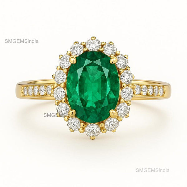 Oval cut Halo Ring Natural Green Emerald and Diamond Band in 14k Gold 4.50 carat Engagement ring