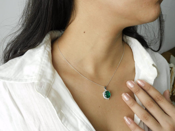 4.3 CARAT Oval Emerald and Diamond Halo Pendant in Solid Gold Timeless Green Gemstone Jewelry