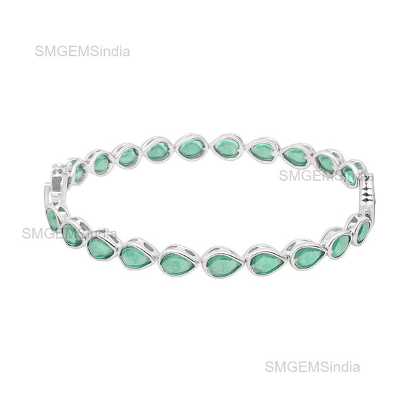 Natural Vintage Style Pear Emerald Tennis Bracelet: 14k Yellow Solid Gold Women Gift