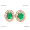 Oval Natural Emerald Stud Earrings 14k Gold Bezel Set Diamond Halo Earrings