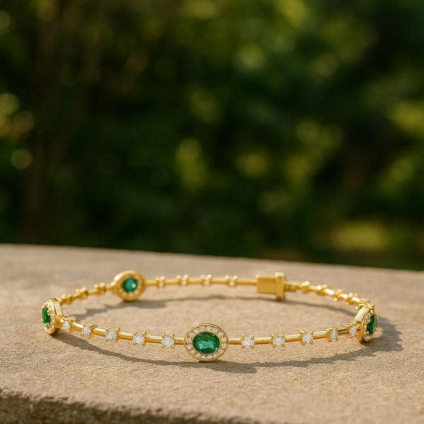 Elegant Oval Emerald Station Bracelet with Diamond Accents - Green Gemstone Jewelry