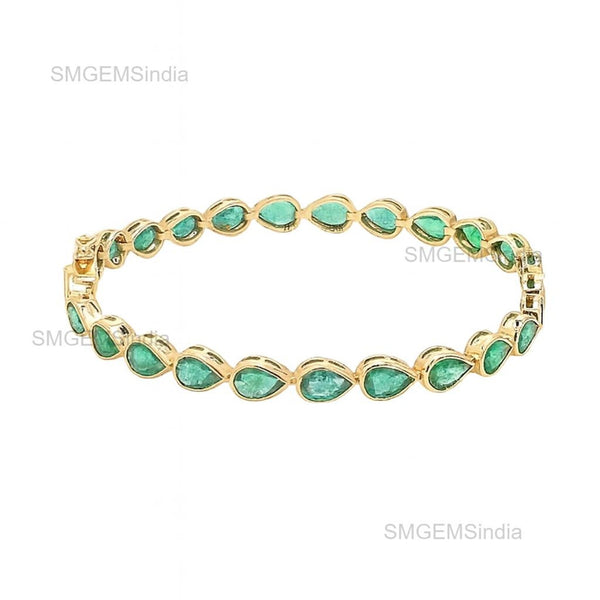 Natural Vintage Style Pear Emerald Tennis Bracelet: 14k Yellow Solid Gold Women Gift