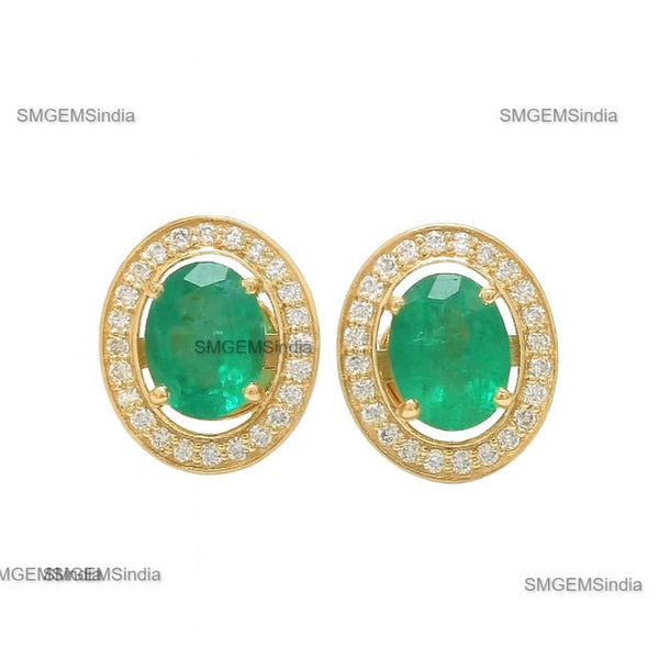 Oval Natural Emerald Stud Earrings 14k Gold Bezel Set Diamond Halo Earrings