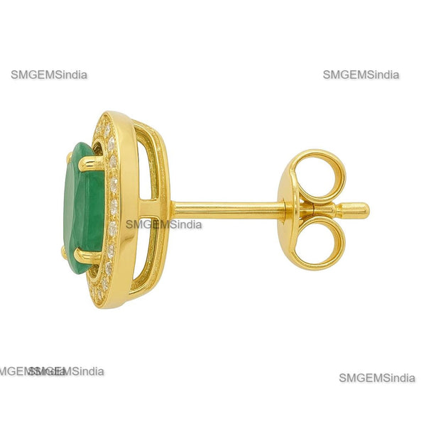 Oval Natural Emerald Stud Earrings 14k Gold Bezel Set Diamond Halo Earrings