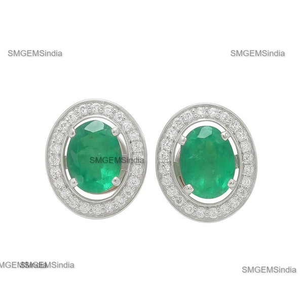 Oval Natural Emerald Stud Earrings 14k Gold Bezel Set Diamond Halo Earrings
