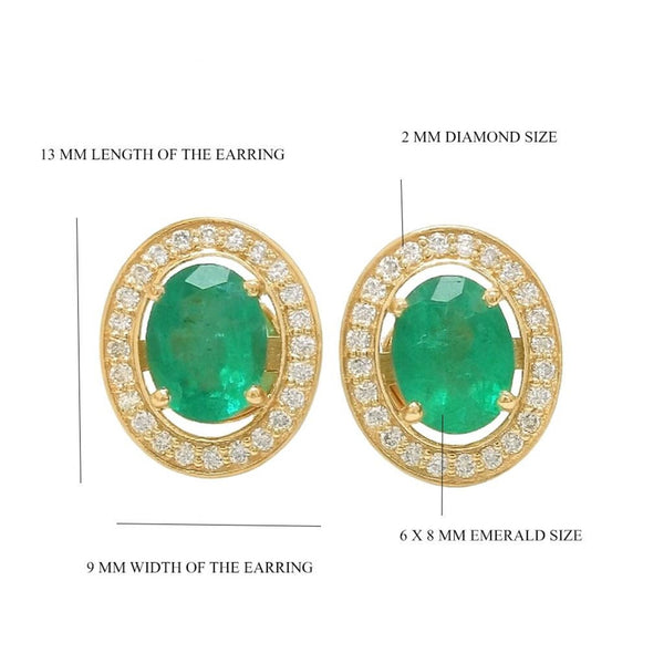 Oval Natural Emerald Stud Earrings 14k Gold Bezel Set Diamond Halo Earrings