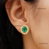 Oval Natural Emerald Stud Earrings 14k Gold Bezel Set Diamond Halo Earrings