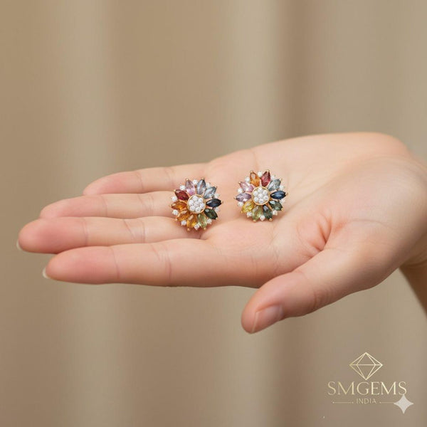 Rainbow Marquise Gemstone Flower Stud Earrings Multi-Color Floral Earrings in 14K Gold