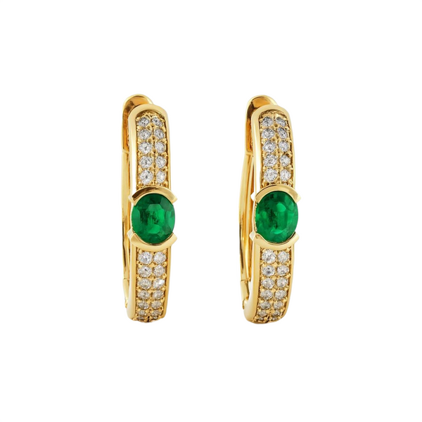 Oval Natural Emerald & Diamond Huggie Hoop Earrings in 14k and 18k Gold