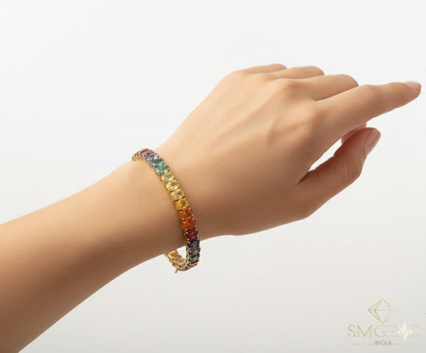 Natural Multi Sapphire Oval Shape Gemstone Link Bracelet 18k Solid Gold Charm Women Bracelet