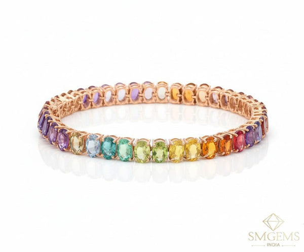 Natural Multi Sapphire Oval Shape Gemstone Link Bracelet 18k Solid Gold Charm Women Bracelet