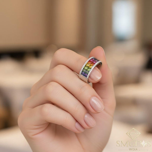 Handcrafted 18K Gold Women's Full Eternity Band with Rainbow Multi Sapphire Stones