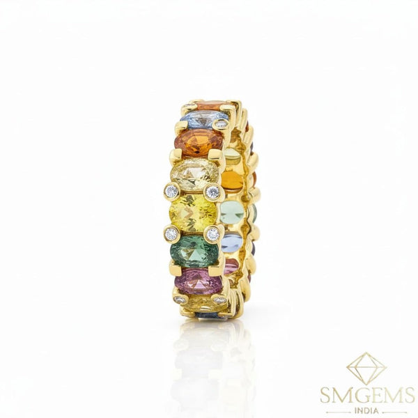 Elegant 6-7ct Oval Cut Rainbow Sapphire Eternity Band in 14k Gold