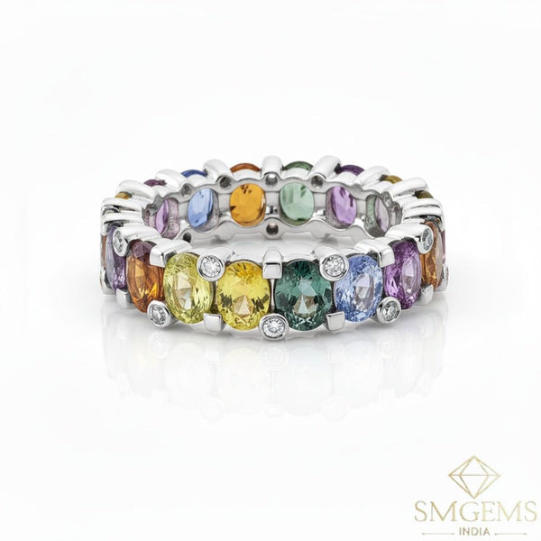 Elegant 6-7ct Oval Cut Rainbow Sapphire Eternity Band in 14k Gold