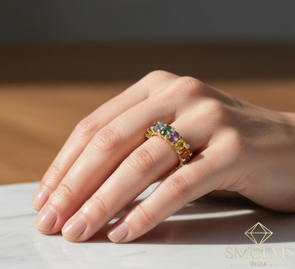 Elegant 6-7ct Oval Cut Rainbow Sapphire Eternity Band in 14k Gold