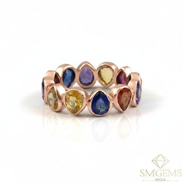 Pear shaped Natural Rainbow Sapphire Full Eternity Band Ring in Gold Ombre Gemstone Ring