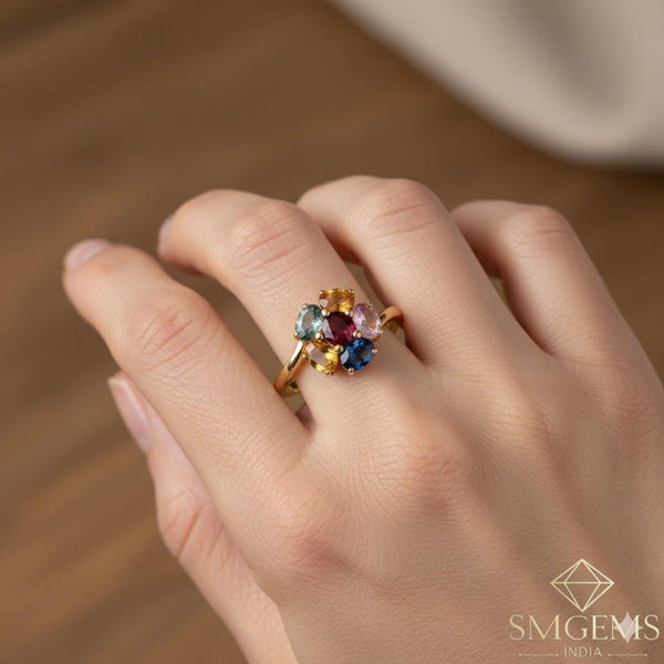 1.50 carat Flower Design Natural Multi SapphireEngagement Ring Oval Shape Ring