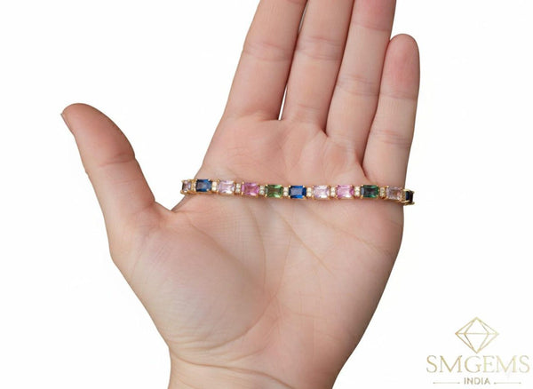 Elegant Emerald cut Natural Pastel Sapphire and diamond Gemstone Pieces Charm Bracelet