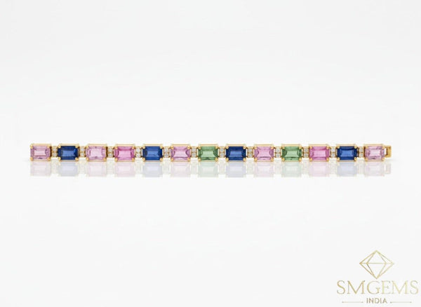 Elegant Emerald cut Natural Pastel Sapphire and diamond Gemstone Pieces Charm Bracelet