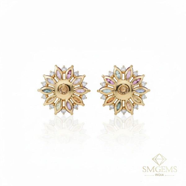 Rainbow Marquise Gemstone Flower Stud Earrings Multi-Color Floral Earrings in 14K Gold