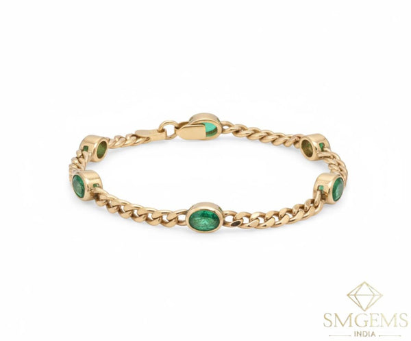 Oval cut 14k Gold Emerald Bezel Chain Bracelet Natural Green Charm Gemstone Bracelet