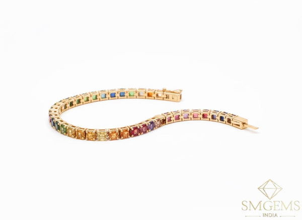 Rainbow Sapphire Tennis Bracelet 14k Gold Round Natural Multi Gemstone