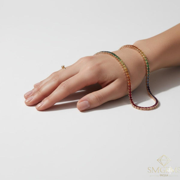 Rainbow Sapphire Tennis Necklace in 14k Gold Round Multi Sapphires Colorful Gemstone Choker for Women