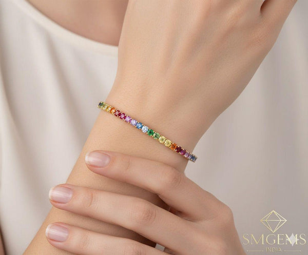 14K Gold Natural Rainbow Sapphire 4.20 carat Tennis Bracelet Round Cut Gemstones