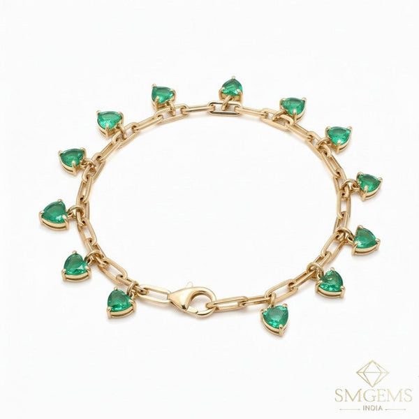 Natural Emerald Heart Shape Charm Bracelet: 14k Gold Link Chain