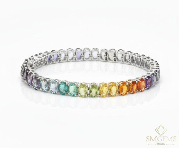 Natural Multi Sapphire Oval Shape Gemstone Link Bracelet 18k Solid Gold Charm Women Bracelet