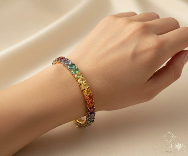 Natural Multi Sapphire Oval Shape Gemstone Link Bracelet 18k Solid Gold Charm Women Bracelet