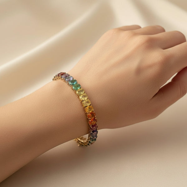 Natural Multi Sapphire Oval Shape Gemstone Link Bracelet 18k Solid Gold Charm Women Bracelet