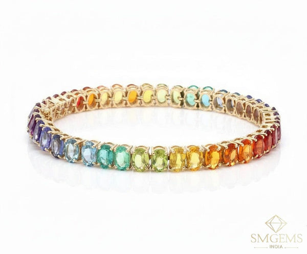 Natural Multi Sapphire Oval Shape Gemstone Link Bracelet 18k Solid Gold Charm Women Bracelet