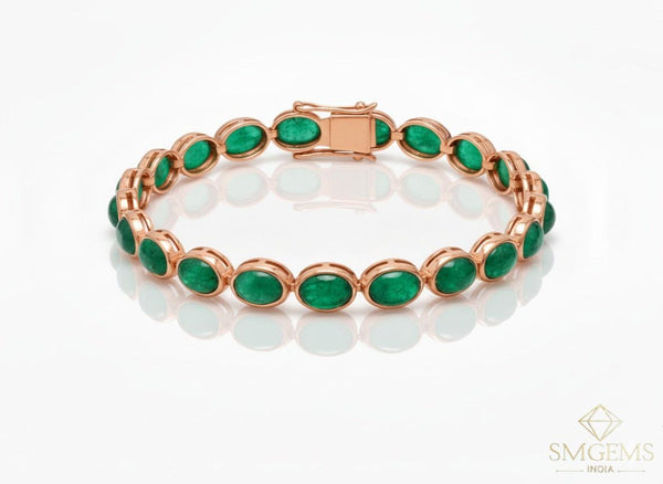 Oval cut Emerald Cabochon Bracelet: 14k/18k Gold May Birthstone