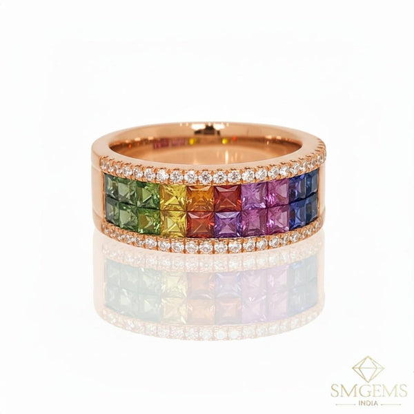 Handcrafted 18K Gold Women's Full Eternity Band with Rainbow Multi Sapphire Stones