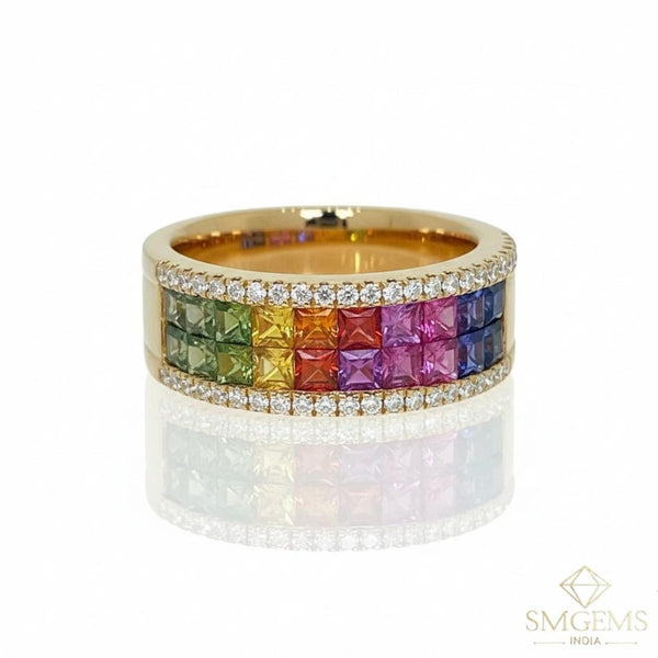Handcrafted 18K Gold Women's Full Eternity Band with Rainbow Multi Sapphire Stones