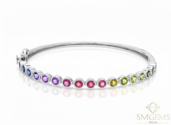 Stackable Rainbow Sapphire Cuff Bangle - Natural Ombre Sapphire Bracelet