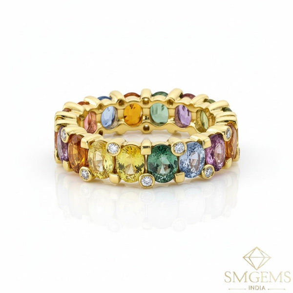 Elegant 6-7ct Oval Cut Rainbow Sapphire Eternity Band in 14k Gold
