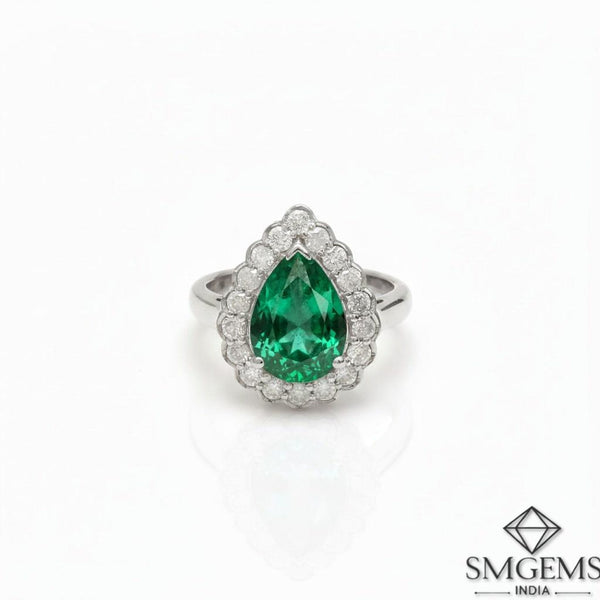 Pear Shape 2.90 carat Natural Emerald And Diamond Engagement Ring 18K Solid Gold May Birthstone Ring