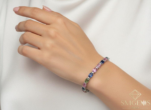 Elegant Emerald cut Natural Pastel Sapphire and diamond Gemstone Pieces Charm Bracelet