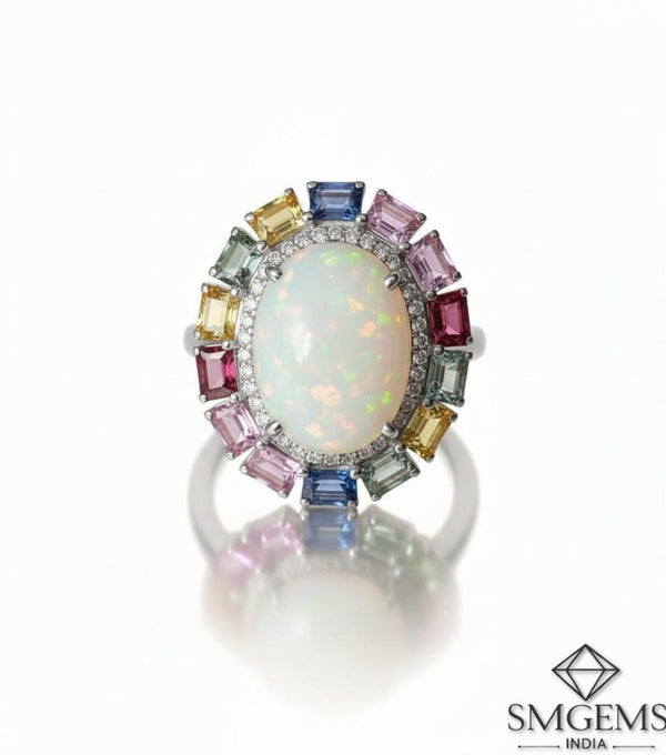 Doppelter Smaragd-Ring in offenem Design aus 14 Karat Gold – Band mit quadratisch und rund geschliffenen grünen Edelsteinen