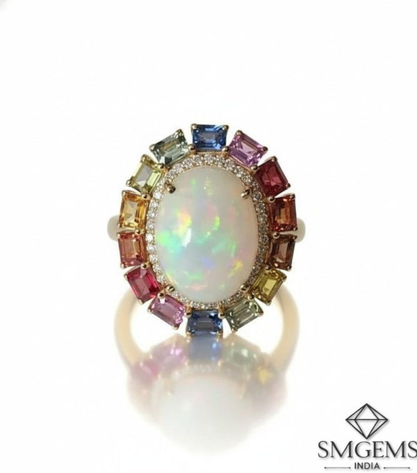 Doppelter Smaragd-Ring in offenem Design aus 14 Karat Gold – Band mit quadratisch und rund geschliffenen grünen Edelsteinen